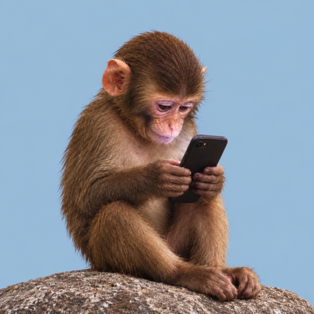 A small monkey sitting on a rock, looking at a black phone against a blue background